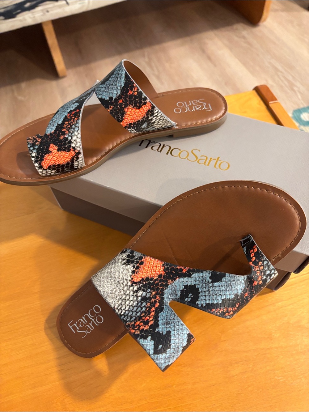 Franco Sarto Snake-Print Toe-Loop Sandals in Orange, Gray & Black - Picture 2 of 3